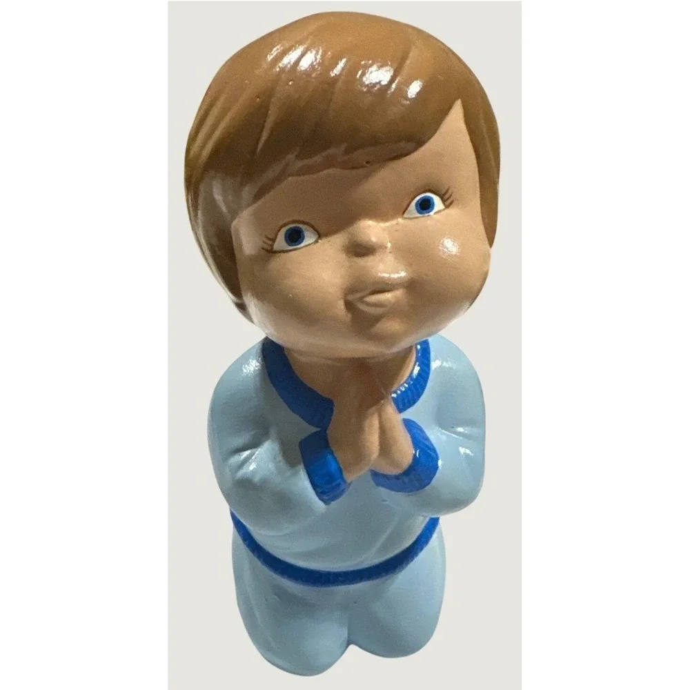 Vintage Praying Boy Figurine Blue Pajamas Kneeling Ceramic Chalkware Japan